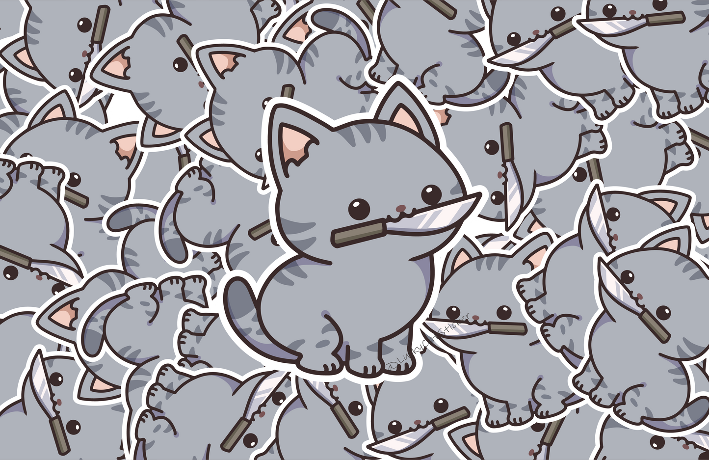 Grey Cat with Knife  Sticker | Cat Sticker | Cat Lover | Waterproof Sticker