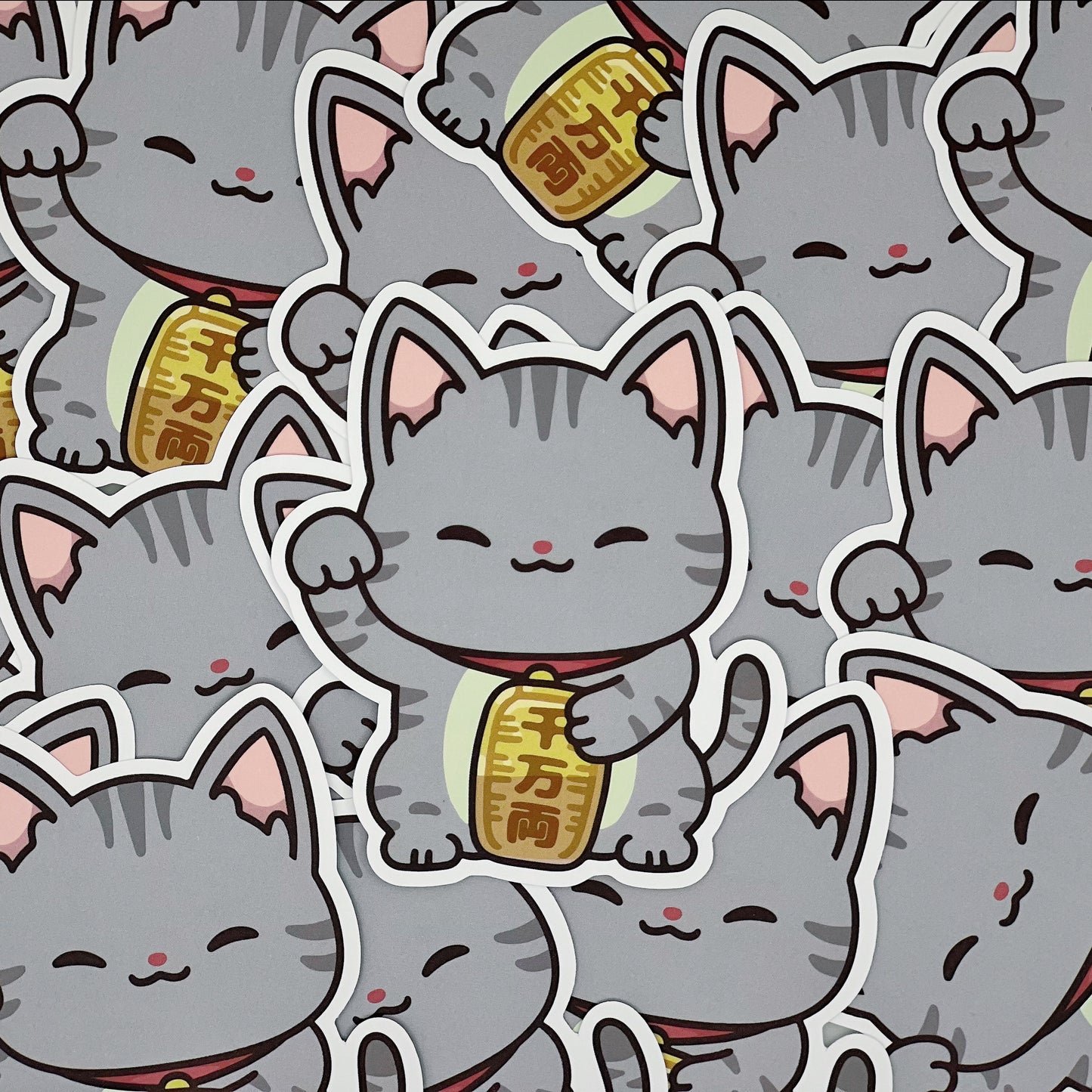 Grey Lucky Cat Sticker | Cat Sticker | Cat Lover | Waterproof Sticker